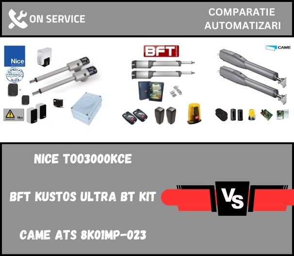 Nice TOO3000 vs BFT Kustos Ultra BT A25 vs Came Ats 8K01MP-023: Care este cel mai bun kit de automatizare?